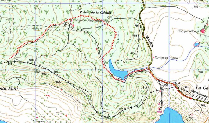 Tramo con deslinde provisional acordado con la propiedad: Linea de puntos rojos